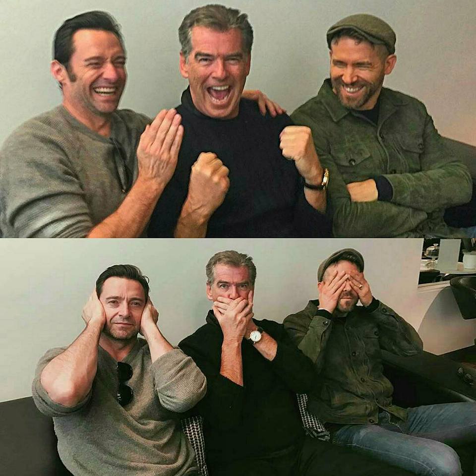 hugh jackman con ryan reynolds y pierce brosnan (deadpool 2)