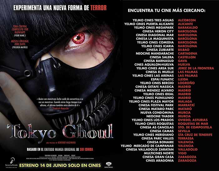 Lista de cines en España para ver la película Tokyo Ghoul en acción real lista de cines en españa para ver la película tokyo ghoul en acción real