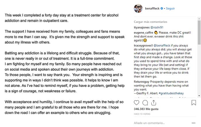 ben affleck escribe una carta a los fans por su adicción al alcohol