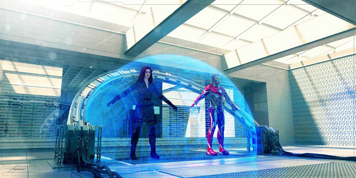 Iron Man y Viuda negra viajando en el tiempo