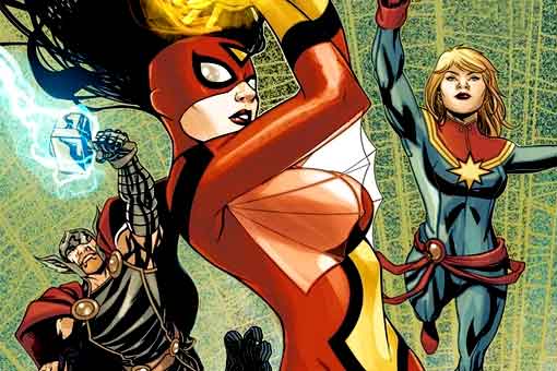 marvel une a spider-woman con los héores más importantes