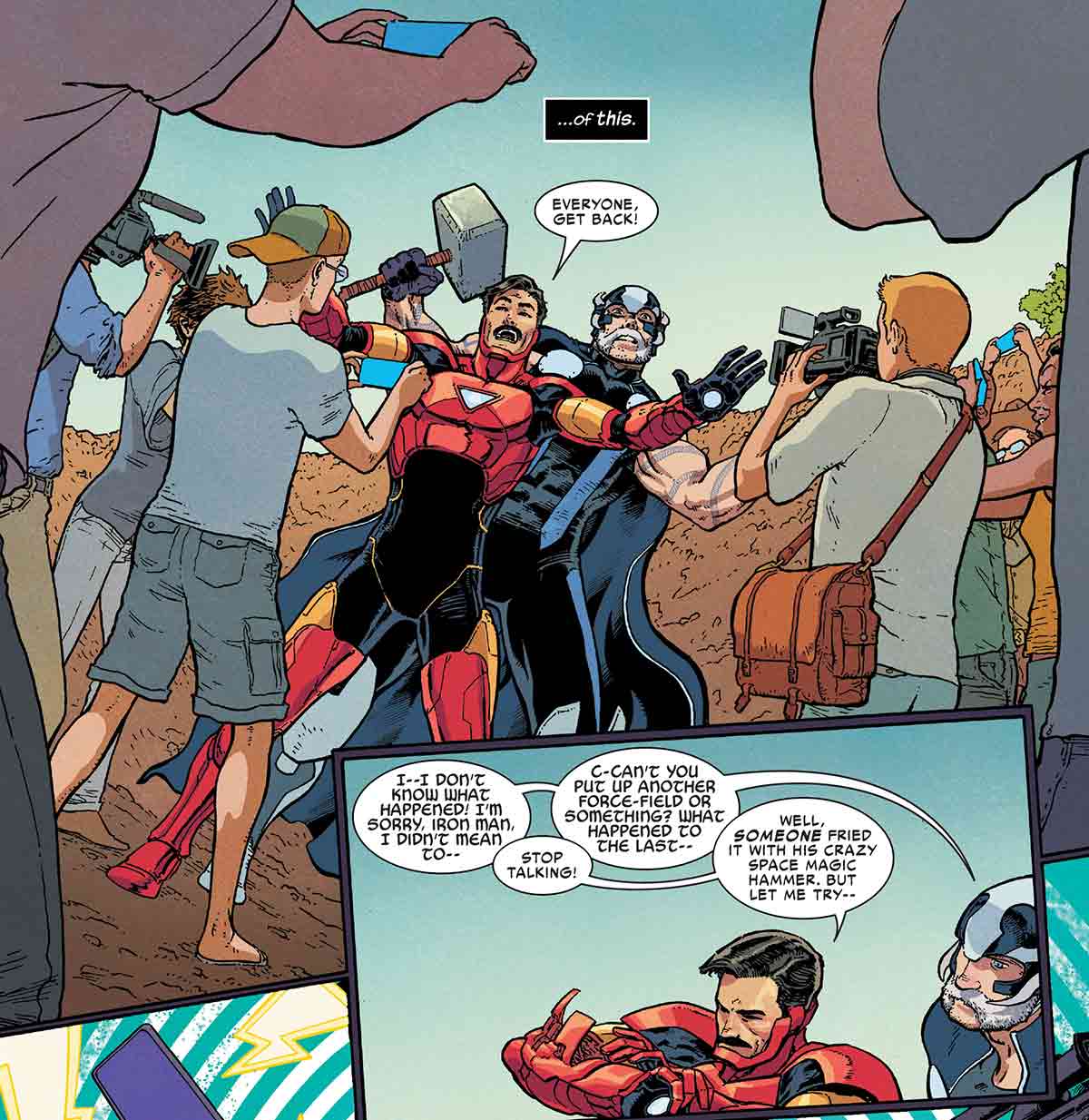 iron man y thor inician un guerra con el martillo mjölnir