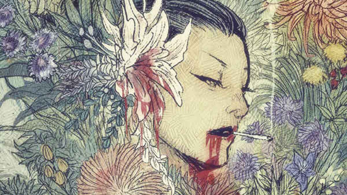 Detalle portada del cómics THE NIGHT EATERS. En la imagen una ilustración de una cara con rasgos asiáticos y con sangre en la boca rodeada de plantas con una flor ocultando su oreja. Los trazos del dibujos con muy sueltos