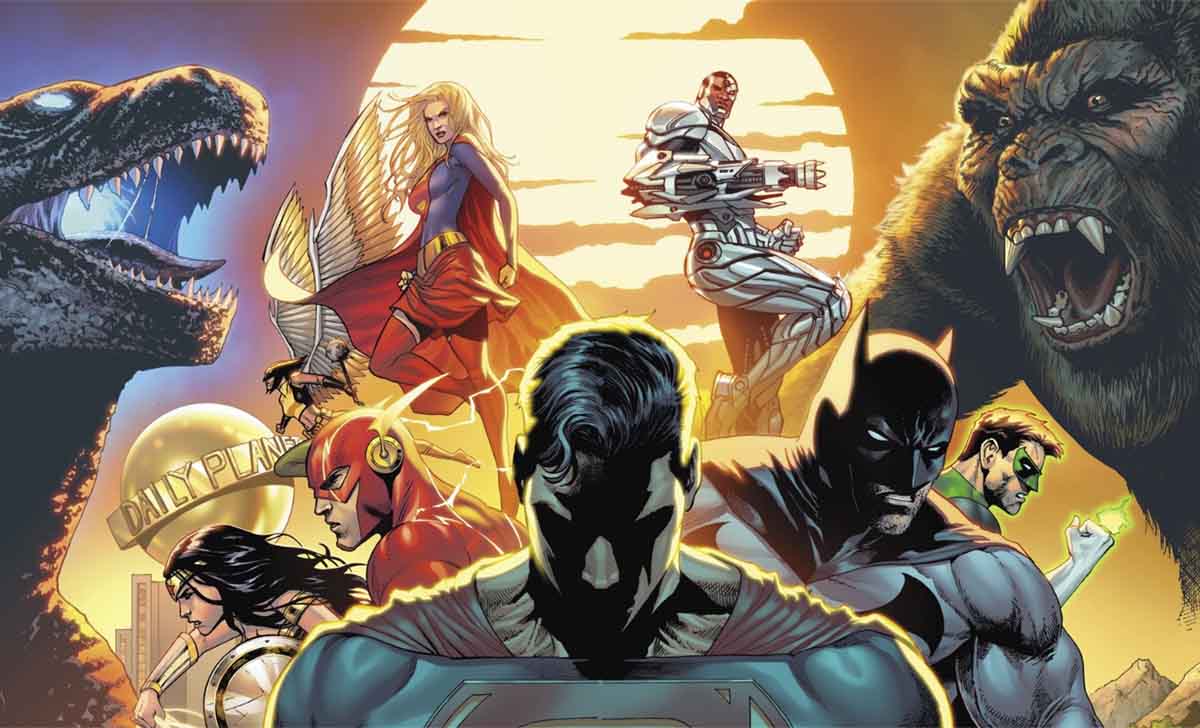 portada de liga de la justicia contra godzilla y king kong