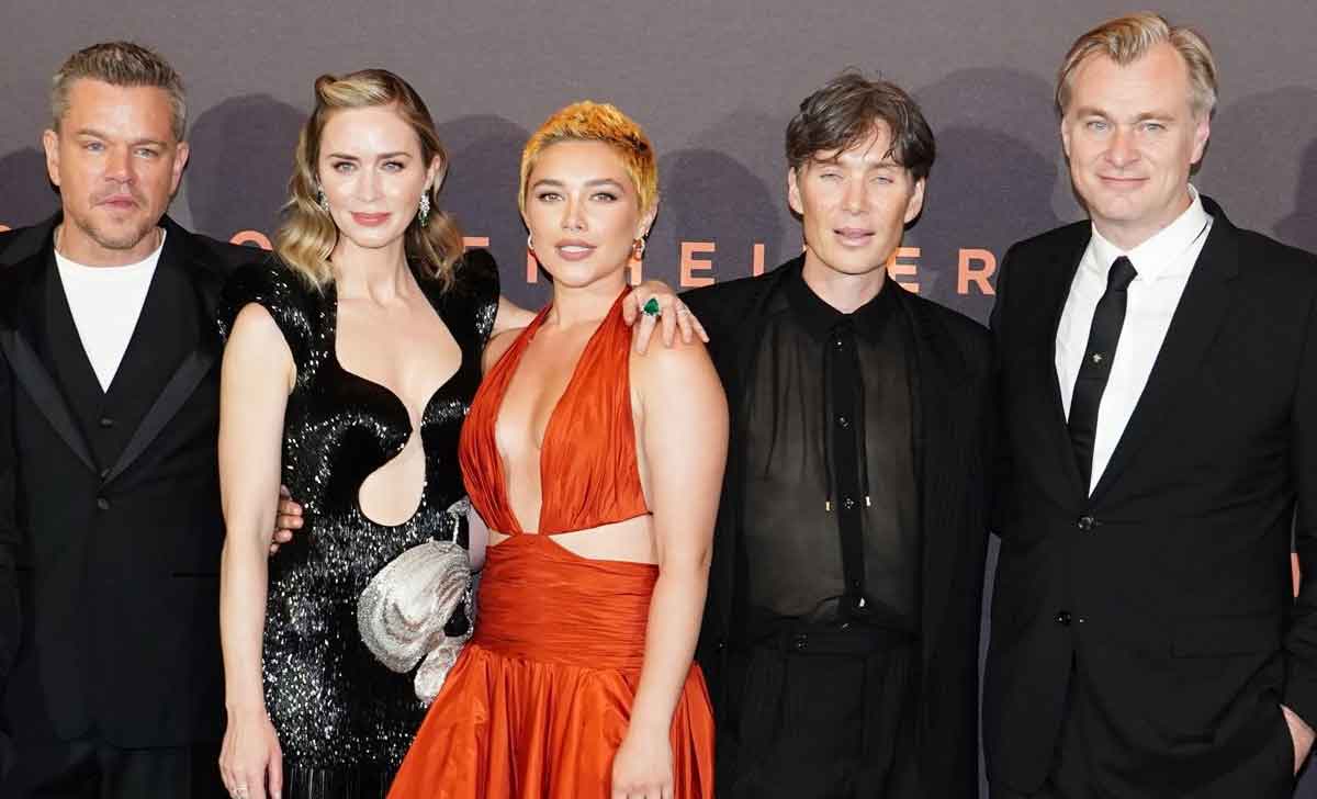 Matt Damon, Emily Blunt, Florence Pugh, Cillian Murphy y Christopher-Nolan en la presentación de Oppenheimer