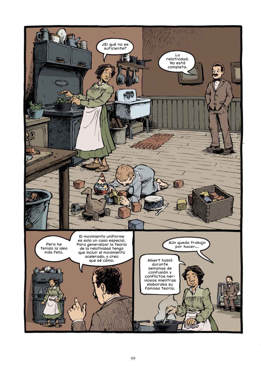 einstein viñetas página del cómics. en ellas einstein habla con su mujer acerca de las ideas que tiene para la teoría de la relatividad
