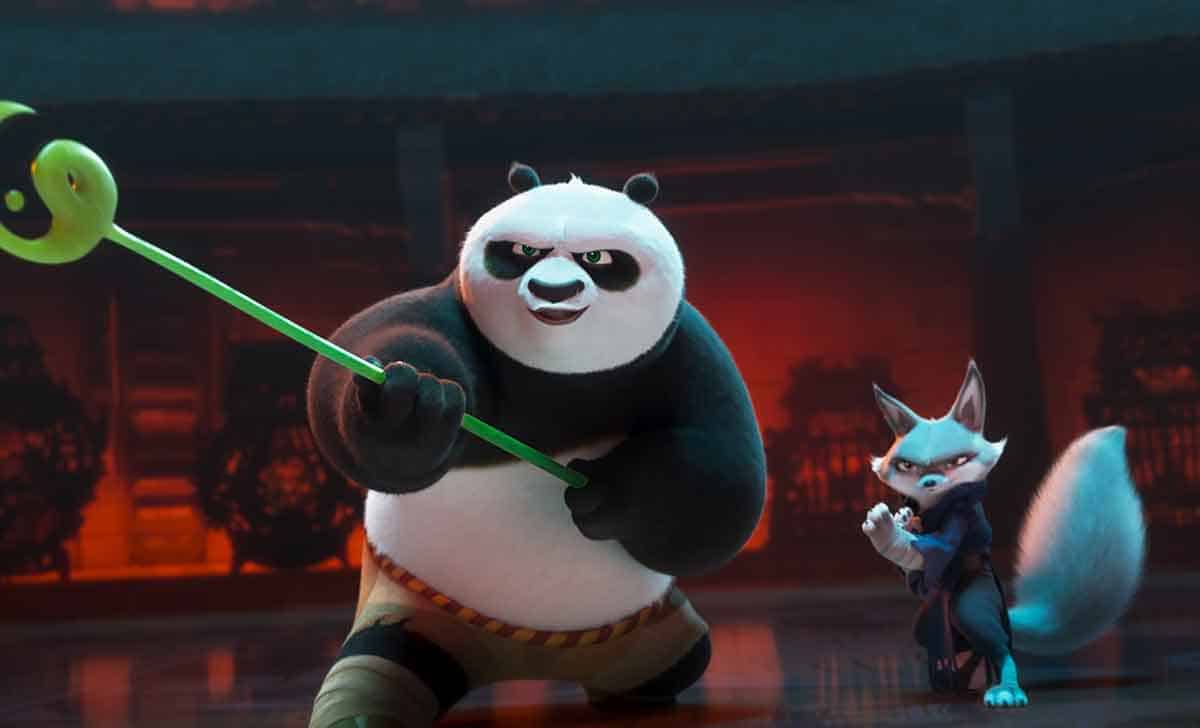 po (jack black) y zhen (awkwafina) en kung fu panda 4 dirigida por mike mitchell.