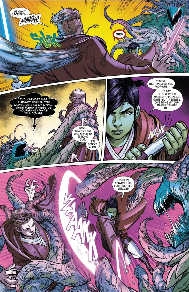 The Acolyte. Página de los cómics Star Wars High Republic con Vernestra Rwoh usando el látigo de luz