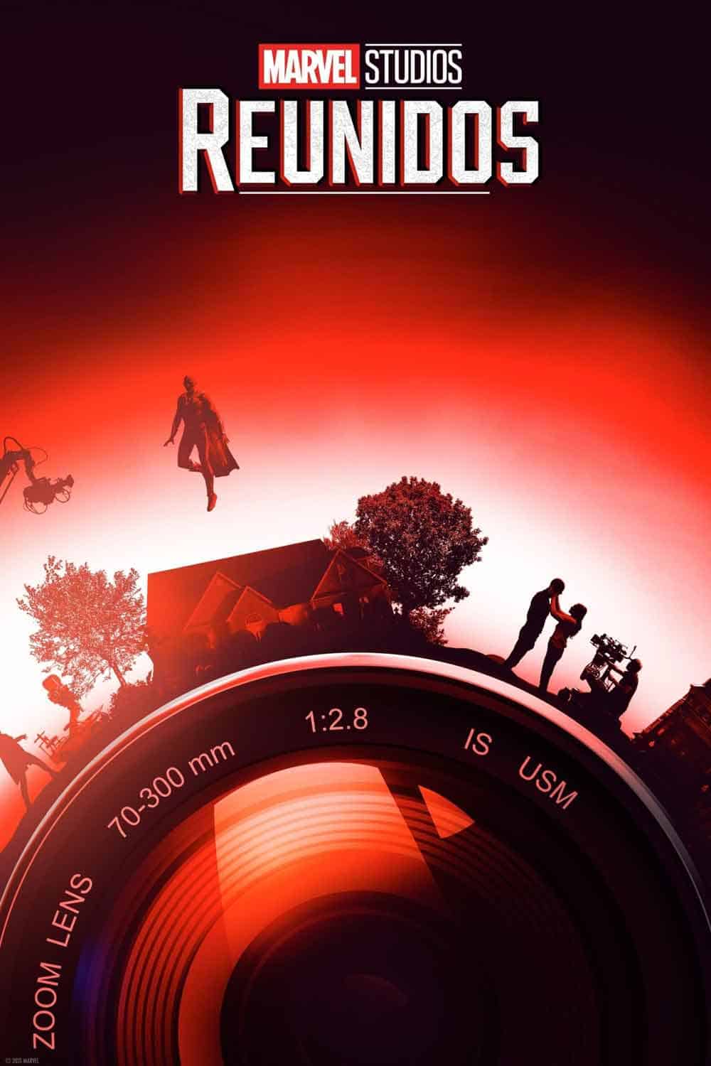 a movie poster with a camera lens and silhouettes of people