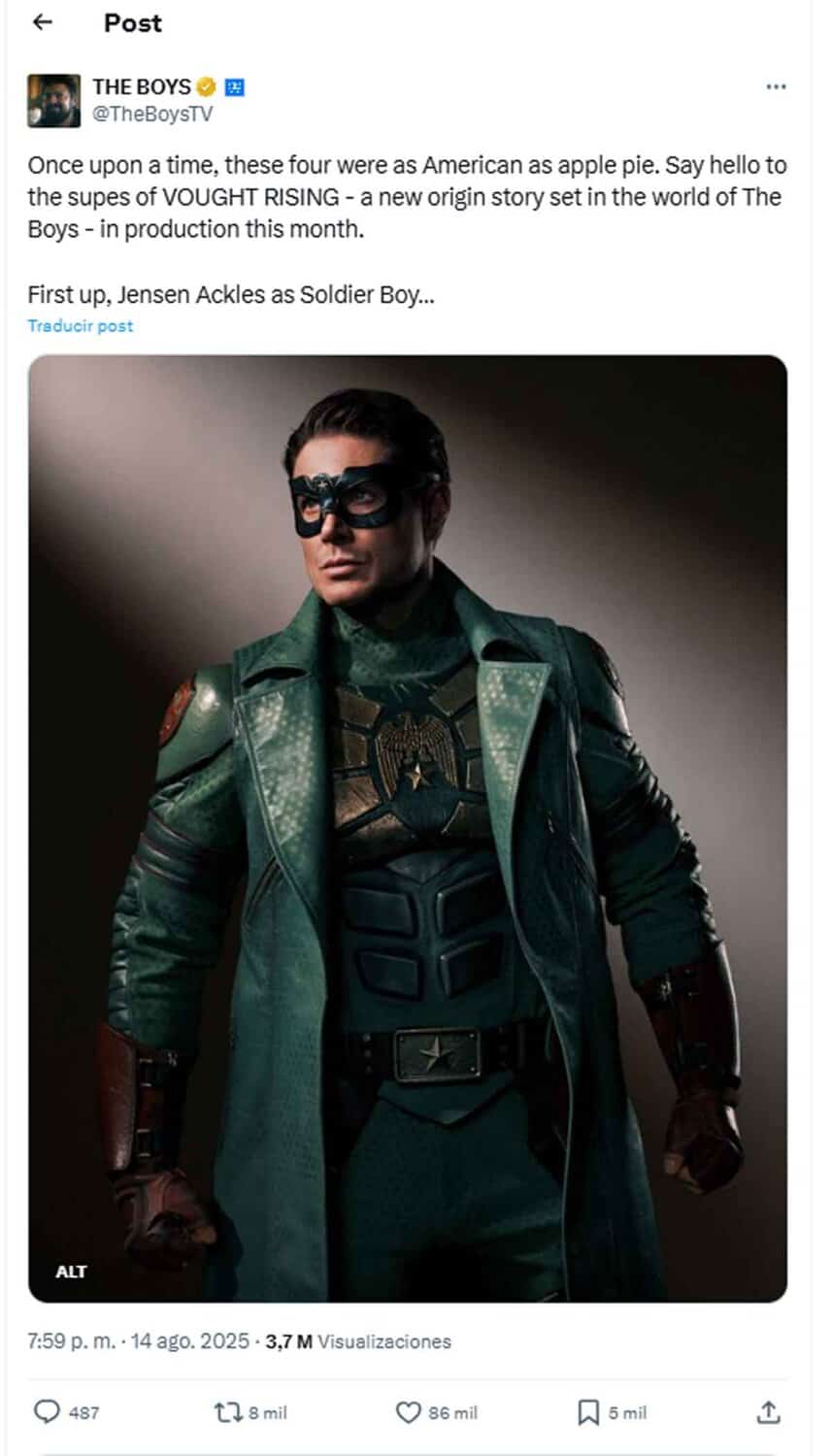 Primera imagen de los protagonista de la serie Vought Rising: precuela de The Boys jensen ackles como soldier boy en vought rising