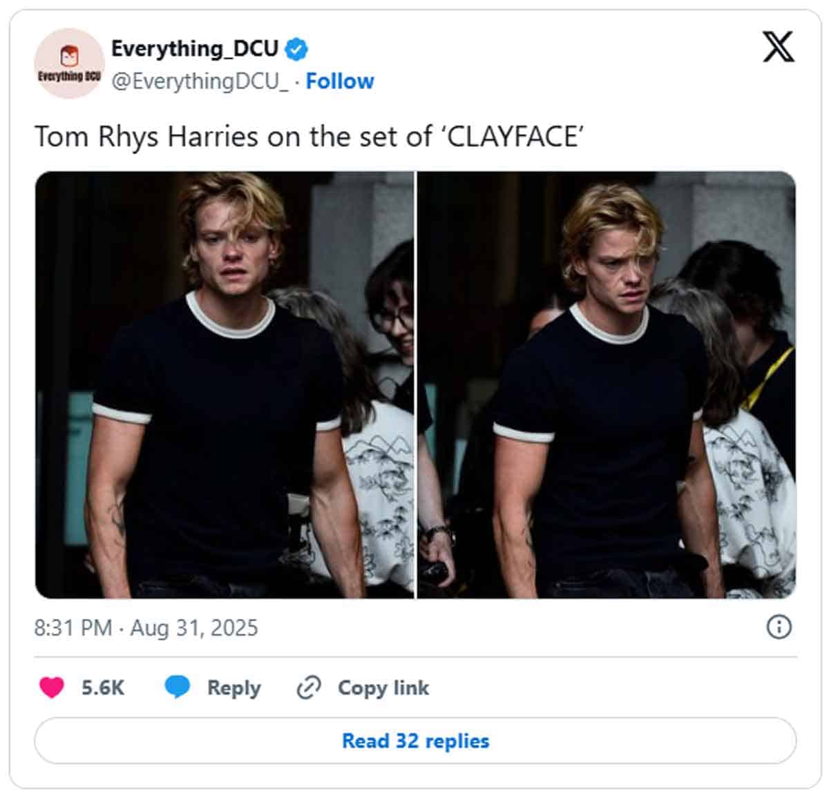 tom rhys harries en el rodaje de clayface