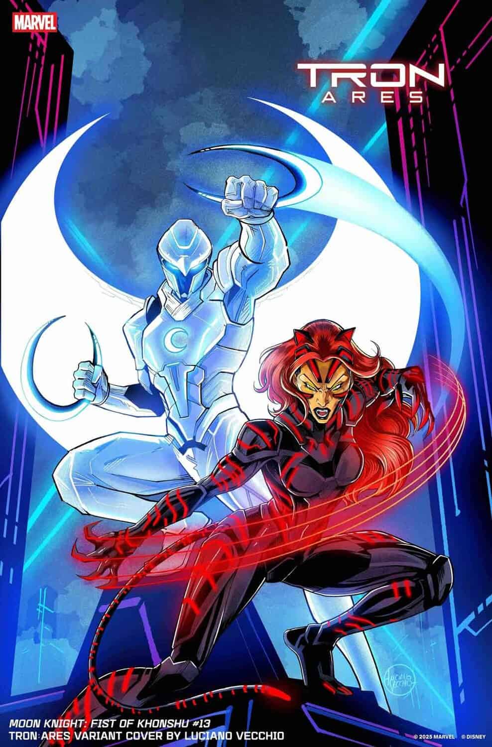 moon knight y tigra en trajes de luz estilo tron