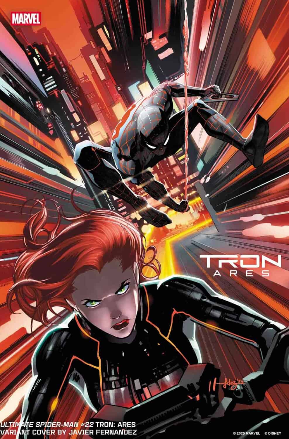 spider-man y black widow en el grid con estética tron