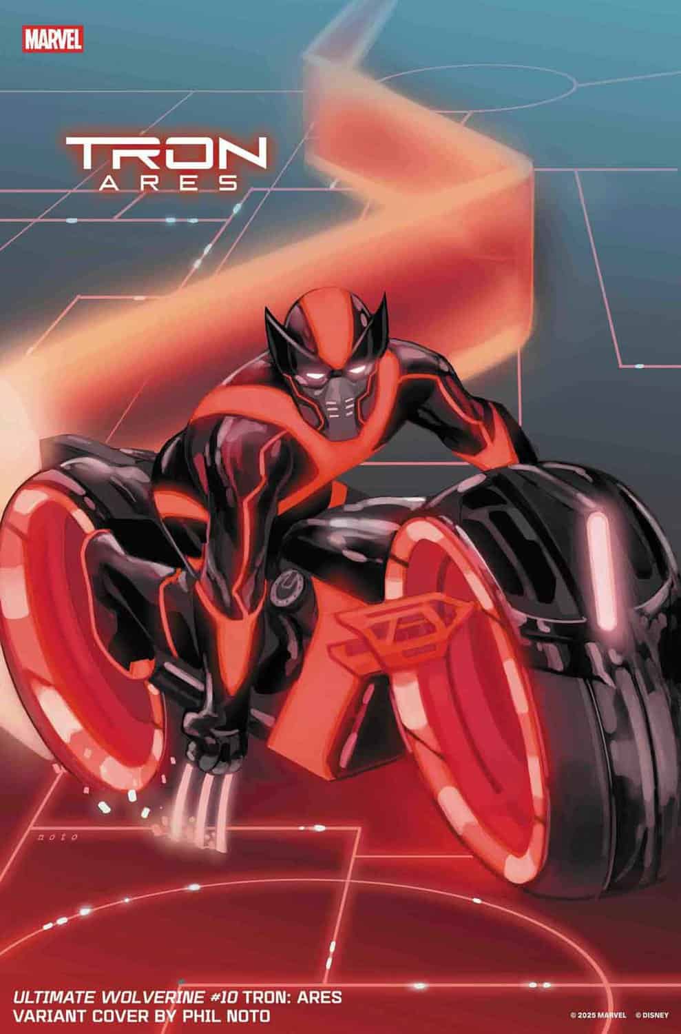 wolverine en moto digital estilo tron en portada marvel.