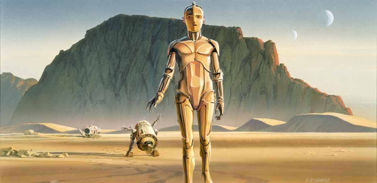 Ralph McQuarrie, production painting for Star Wars Episode IV: A New Hope (Artoo and Threepio leave the pod in the desert), January 31, 1975, Lucas Museum of Narrative Art, Los Angeles, © and ™ Lucasfilm Ltd. 2020 All Rights Reserved. Used with permission.