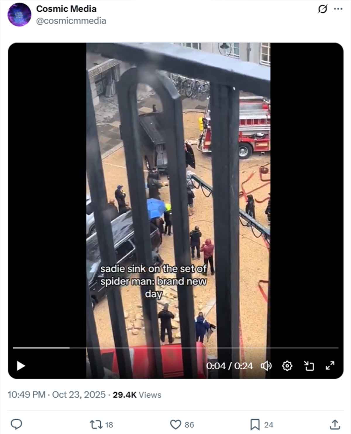 Sadie Sink en el rodaje de una escena de Spider-Man 4