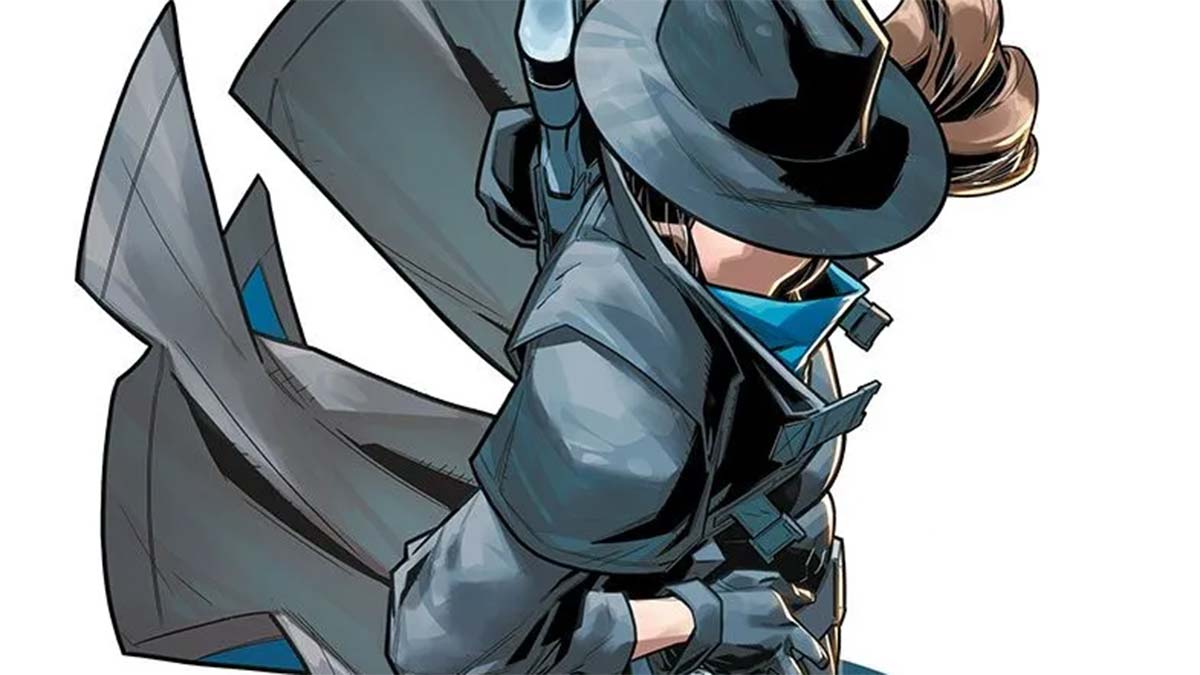 rené montoya como question con la máscara azul, fondo de atalaya, estética western–superheroico