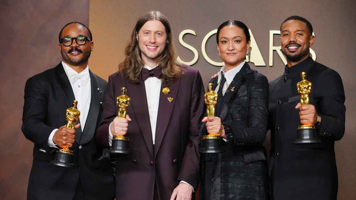 ryan coogler, from left, winner of the award for writing (original screenplay) for "sinners," ludwig goransson, winner of the award for music (original score) for "sinners," autumn durald arkapaw, winner of the award for cinematography for "sinners," and michael b. jordan, winner of the award for actor in a leading role for "sinners," pose in the press room at the oscars on sunday, march 15, 2026, at the dolby theatre in los angeles. (photo by jordan strauss/invision/ap)