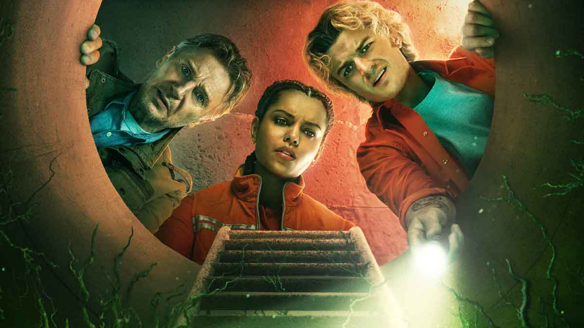 teaser poster de turno de noche con liam neeson,, georgina campbell y lesley manville